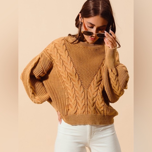 NWT So Me Camel Brown Mineral Washed Cable Knit Ribbed Boho Bubble Sweater XL - Picture 2 of 7